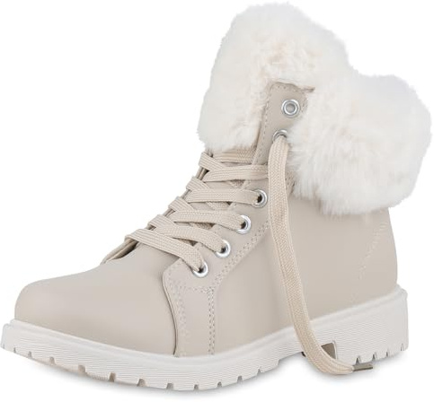 VAN HILL Damen Bikerstiefel Blockabsatz Schnallen Trendy Schuhe 214073 Beige Robust 38