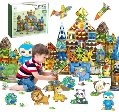 Elegancy 116 Pcs Magnetic Building Blocks Set, Animal Kingdom Magnetic Tiles, DIY Diamond 4D Kids Magnet Construction Tile, STEM Learning Educational Toys, Birthday Gifts for 3–8 Years Boys & Girls