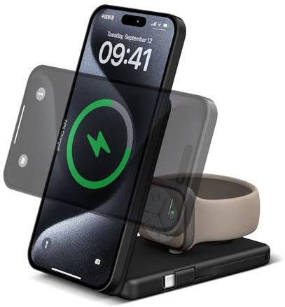 DDUAN 3 in 1 Drahtlose Ladestation Kompatibel für Phone 15 14 13 12/Watch, Faltbare Schnellladegerät Stand, 5000mAh Battery Pack USB C Power Bank mit 20W PD Adapter (Schwarz)