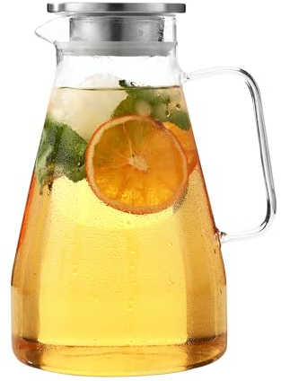 2.3 Litros Jarra de Agua de Cristal,Botella agua Cristal con Tapa de Acero Inoxidable Jarra de Agua de Vidrio Transparente, Jarra de Alta durabilidad para té Helado, Jugo, Cafetera