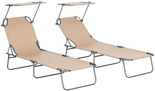 Outsunny Folding Sun Lounger Set of 2 with Canopy, Portable Sand