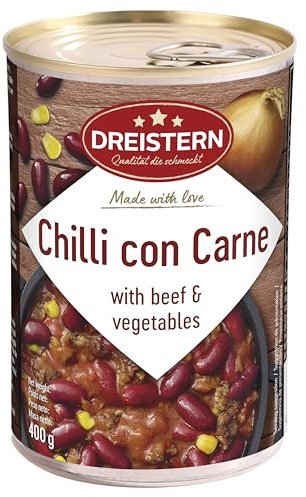 DREISTERN Chili con carne con ternera y verduras, plato preparado, delicioso chili en lata reciclable, calidad que sabe bien