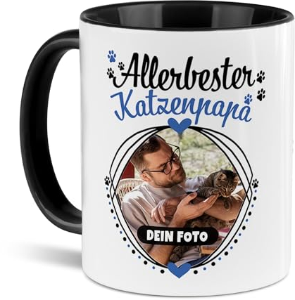 Tassendruck Katzen-Tasse mit Foto Allerbester Katzenpapa - Persönliches Geschenk für Katzenliebhaber zum Geburtstag | Personalisiertes Geschenk, 300 ml, Innen & Henkel Schwarz