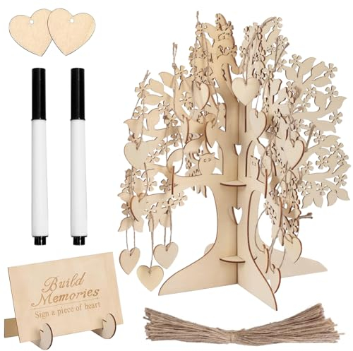 Holzbaum Gästebuch Hochzeit Hochzeitsbuch Gästebuch, Holz Baum Wunschbaum Holz mit Holzherzen Lebensbaum, Hochzeitsgästebuch Set mit 2 Signierstift, für Hochzeitsdekorationen Hochzeit Geburtstag Party