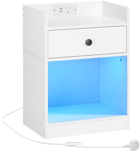 HOOBRO Bedside Table with Charging Station and LED Lights, Side Table with 1 Outlet and 2 USB Ports, Nightstand for Living Room, Bedroom, White EWT18KDBZ01G1