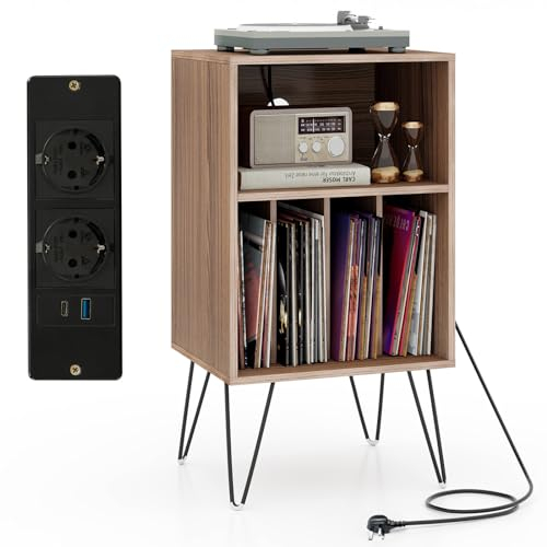 KOMFOTTEU Meuble Platine Vinyle avec 2 Prises Standard européenne, 1 USB,1 Type-C, Meuble Tourne-Disque, 5 Casiers, Table d’Appoint Multifonction, Pieds Métals, 48 x 40 x 88 cm (Couleur Noye)