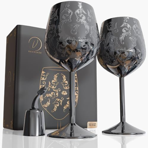 vaanshie Copas de vino de acero inoxidable de 17 onzas [Juego de 2] - Copas de vino negras reales con intrincados grabados barrocos, copas de vino irrompibles e inastillables con tapón de botella para