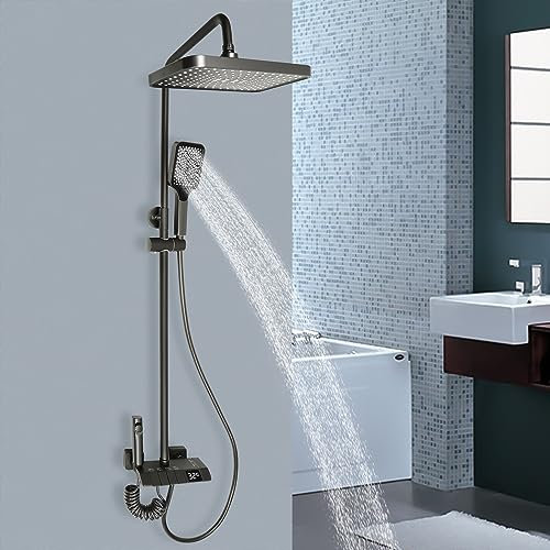 Dekltus Duschsystem, Duschset mit Top Spray, Handbrause unb Kalt/Warm-Reguliergriff, Dusche Regendusche Set für Haus und Hotel, Einstellbare Höhe 85-120cm (Grau)