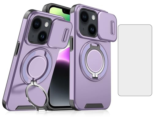 Asuwish Phone Case for iPhone 14 Plus 6.7 inch with Screen Protector and Ring Holder Kickstand Slide Camera i-Phone 15 Plus 14+ iPhone14Plus i i14 + iPhone14 14Plus Phone15 15+ 15Plus Women Men Purple