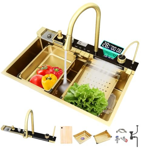 Fregadero de cocina Multifuncional, fregadero digital en cascada con lava tazas, dispensador de jabón, flujo de agua en cascada, drenaje en encimera. (Oro, 80x46x21CM)