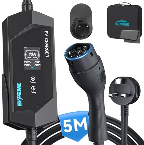 EVPEIWE Type 2 EV Charger to UK 3 Pin Plug 16.5ft/5M, 6/8/10/13A Portable Electric Car Charger, 3.3KW Type 2 Charging Cable for EV & PHEV, with EV Cable Holder and Carry Bag (Black)