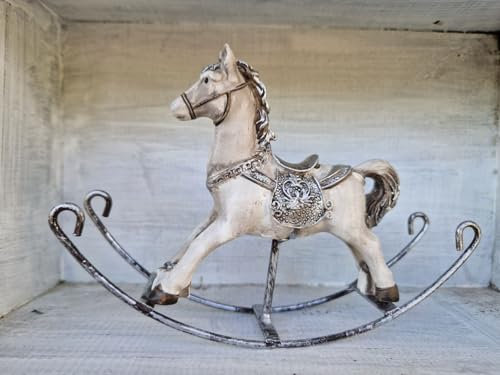 Arinosa Deko Schaukelpferd Nostalgie Weihnachten Weiß Silber 18,5x4xH12,5cm