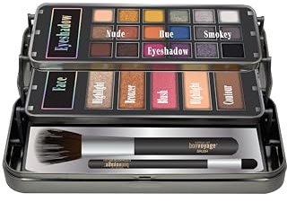 bonvoyage Hello Beautiful, 26-teiliges Schminkset mit Spiegel, Lidschatten, Bronzer, Rouge, Highlighter und Pinseln, Tragbares Makeup Set mit Verblendbaren, Intensiven Farben