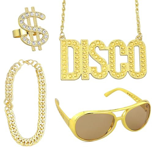 4 Stück Disco Chain Gold Accessoire Set mit Kette, Dollarzeichen Ring, Retro Rap Star Sonnenbrille, Armband, Hip Hop Kostüm, Disco Goldkette & Partybrille Set (Gold)