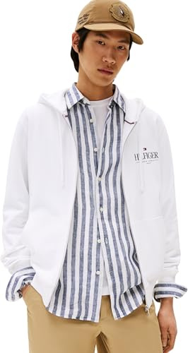 Tommy Hilfiger Herren Hoodie mit Reißverschluss Stacked Hooded aus Baumwolle, Weiß (White), L