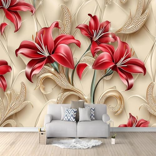Tapete Vlies 3D Deko Panel Fototapete Wanddeko, Moderne Exquisite Blumen Mustertapete Rot Gold Design Dekoration, 400 x 280 cm für Büro Schlafzimmer Esszimmer