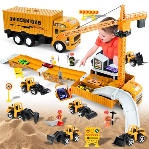 Joellfuner Camion da Cantiere Giocattolo per Bambini, Veicolo Giocattolo da Trasporto con Musica, Luci e Doppia Pista, Camion Carrier Auto Giocattolo Ragazzi con Costruzione Torre Gru per 3+ Anni