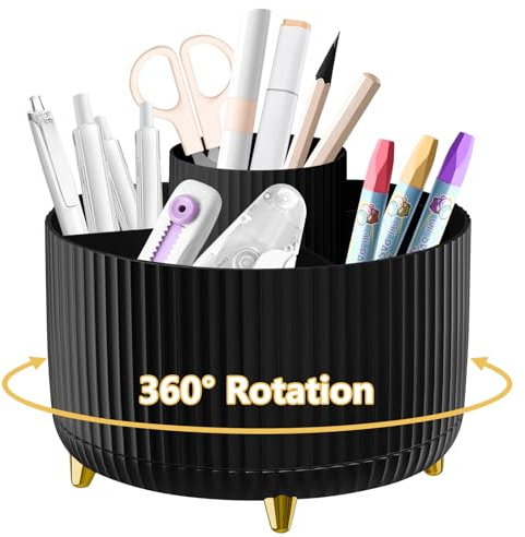 Desk Organiser, 360°Rotating Pen Holder Pen Pot, Makeup Brush Holder with 5 Compartments, Desktop Storage Stationery Supplies Organizer, Pencil Holders for Desk Tidy Home, School, Office (Black)