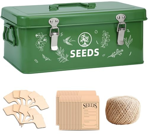 Metall Saatgut-Aufbewahrungsboxen,Saatgut-Aufbewahrungsbox mit Gartenschnur, 30 Saatgut-Taschen und Bambus-Pflanzenetiketten, 4 Garten-Saatgut-Aufbewahrungsboxen mit Sicherheitsverschluss (Dunkelgrün)