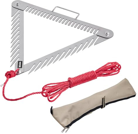 VEVOR Rastrello per Erbacce Acquatiche 515 x 540 x 9 mm Rastrello per Erbacce per Laghi a 3 Lati con Manico, Tagliaerba Galleggiante Lanciabile in Acciaio Inox con Corda da 9 m per Laghi e Stagni