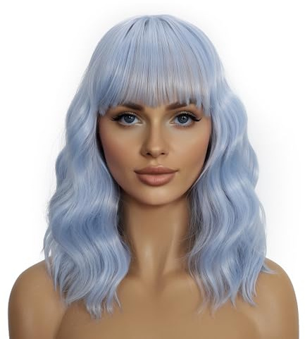 Mxayhnajxl Light Blue Wigs with Fringe for Women 14 Inch Shoulder Length Blue Wig Short Wavy Bob Wig with Bangs Curly Wig Heat Resistant Synthetic Colorful Wavy Wig