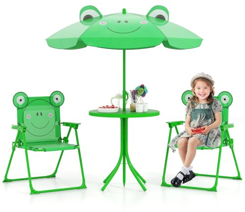 DREAMADE Kindersitzgruppe mit Sonnenschirm, Kindertisch mit 2 Klappstühlen, Kinder Picknicktisch mit höhenverstellbarem Schirm & niedlichem Muster, Kinder Gartenmöbel für Indoor & Outdoor (Grün)