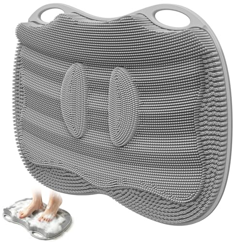 Mabnuby Shower Foot Scrubber Mat XL, Silicone Feet Toes Massage Cleaner -Upgraded Long Brush Pad Without Bending Non-Slip Suction Cups for Foot Bath Bathtub Exfoliate Smooth Skin 17.4x13 Grey