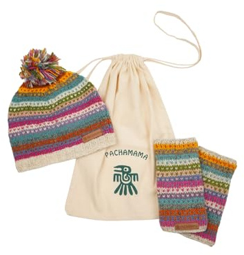 Pachamama Damen Wollmütze mit Bommelmütze und Hand-/Handgelenkwärmer, 2 Stück, Geschenk-Set, mit Fleece gefüttert, handgestrickt, Punkte, Streifen, mehrfarbig, Einheitsgröße, handgefertigt, extra warm
