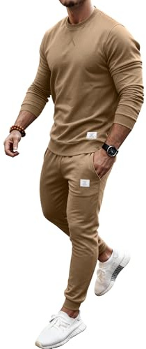 PLEPAN Men's 2 Piece Sweatsuit Lightweight Long Sleeve Crewneck Sweatshirt Jogger Sweatpants Matching Sets Casual Fall Outfits Tracksuit Loungewear Dark Khaki X-Large