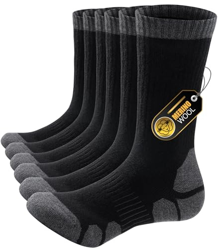 PULIOU Wandersocken Merino Socken Herren Damen, Outdoor & Trekking-Socken, Anti-Blasen, Gepolstert Arbeitssocken Laufsocken Sportsocken (3 Paar)