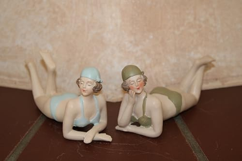 EXNER Vintage Deko Badenixen Set, 2 Stück Polyresin Figuren in Hellblau und Olivgrün, 13 cm Länge, Retro Badezimmer Dekoration