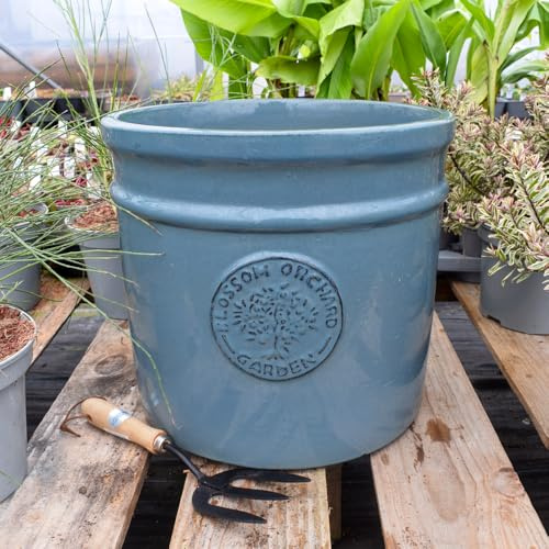 Bedwen 'Blossom Cylinder' Ceramic Plant Pot – 38cm Large Denim Blue Glazed Outdoor Pot for Garden & Patio