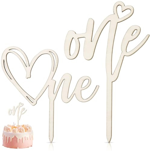 NISENTIA 2 Stück Tortendeko 1. Geburtstag, Happy Birthday Tortendeko Holz, One Geburtstag Kuchendeko, Cake Topper One Deko Mädchen Junge für Babyparty 1 Jahr Geburtstagskuchen Party Deko Geschenk