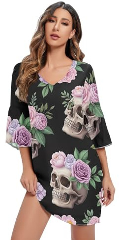 RPLIFE Divertente teschi fiori viola nero corto chiffon abito stampato allentato vestito estivo donna
