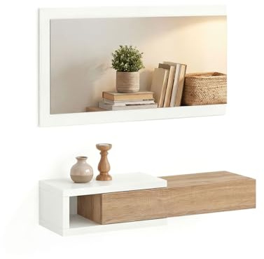 duehome Flur mit Schublade und Spiegel, Eingangsmöbel, Modell Derek, Finish in Artikweiß und kanadischer Eiche, Maße: 95 cm (Breite) x 19 cm (Höhe) x 26 cm (Tiefe)