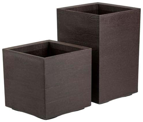 HowHomely | Blumentopf Pflanztopf Übertopf auf Rädern 2er Set Blumenkübel Creme Holzoptik 40 x 40 x 40 cm und 40 x 40 x 60 cm ideal für Innen und Außen