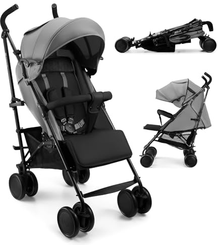 Kinderkraft Buggy SIESTA 2 bis 22 kg, nur 7,9 kg, zusammenklappbar, Liegeposition, verstellbare Fußstütze, Verdeck mit Mesh und Peekaboo, 5-Punkt-Gurt, kompakt, Grau