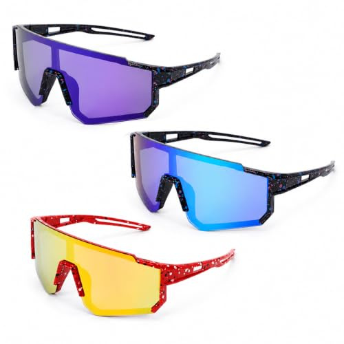Veebmys 3 Pièces Lunette de Cyclisme pour Enfant, Lunettes De Soleil Sport, Protection UV400, Verres Polarisés, Lunettes Vélo, pour Garçons Filles, Course Ski Baseball Plein Air