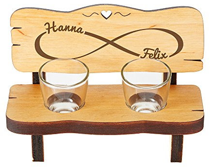 Casa Vivente Panchina da Shot in Legno con 2 Bicchierini da Liquore in Vetro, Incisione Simbolo Infinito Personalizzata con Nomi, Idea Regalo Coppie