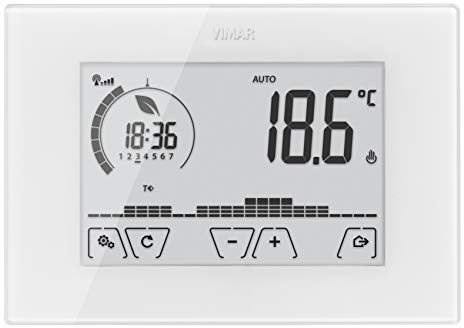 Vimar 02907 Touchscreen-WLAN-Thermostat für lokale oder erweiterte Regelung der Temperatur über dedizierte App aus der Ferne, Spannungsversorgung 230 V~ 50/60 Hz, LED-Hintergrundbeleuchtung