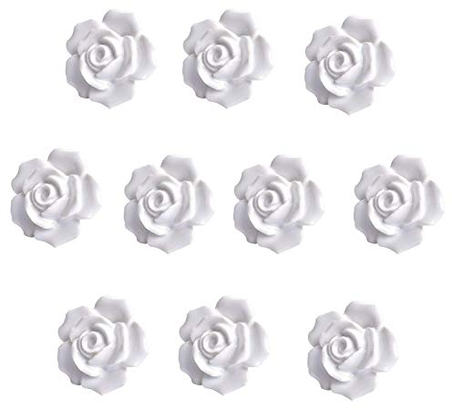 Eidoct 10 Pcs Ceramic Vintage Floral Rose Flower Door Knobs Handle Drawer Kitchen + Screws (White)