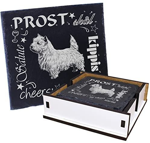 5X Schiefer Untersetzer - Prost West Highland White Terrier - inkl. Holzbox & Flaschenuntersetzer Deko Glasuntersetzer Tassenuntersetzer