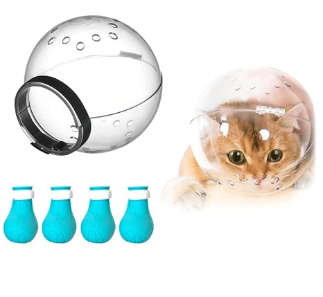 Air Muzzle and Boots Set for Cats,Claw Covers Set for cat Grooming, Scratching Booties, Paw Shoes for Bathing Supplies,Barbering Booties for Cats only (M(cat Neck 6.8-9.25''))