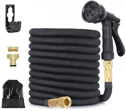 Garden Hose, 50FT Expandable Garden Water Hose Pipe with 8 Function Spray Nozzle Anti-leakage Solid Brass Connectors Water Pipe For Plants Watering, Car Washing 15M (Black, 15M/50FT)