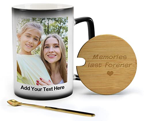 MUGKISS Tasse à café personnalisée de 355 ml avec texte personnalisé et photos apparaissant sur les deux côtés avec liquide chaud (E 13oz lid)