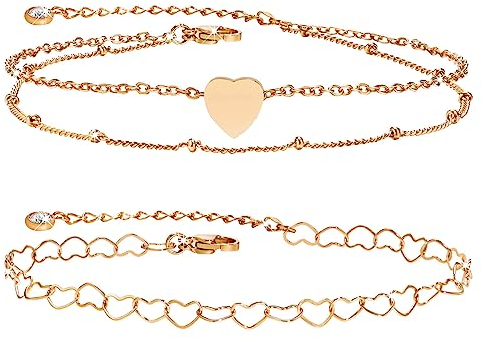 FLHEART Rosegold Herz Fußkettchen für Frauen - 2 Pcs Wasserfest Herzkette und Doppel Fußkette mit Kugeln für Damen Mädchen Verstellbar Sommer Strand Sandale Barfuß Fußkettchen Schmuck Geschenke