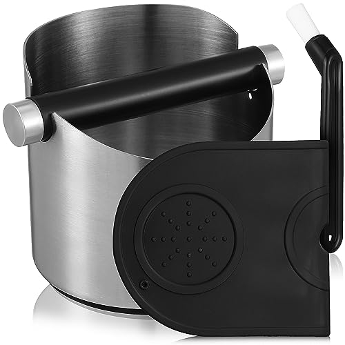 Alipis Coffee Knock Box, Stainless Steel Espresso Grounds Container with Silicone Tamper Mat and Cleaning Brush, Coffee Knock Bucket Dump Bin with Removable Knock Bar and Non-Slip Base
