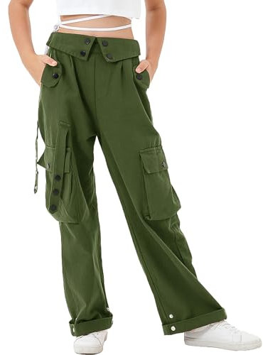 Rolanko Baggy Cargo Hose für Mädchen, Elastische Taille mit Mehreren Taschen Weites Bein Cargohose für Kinder, Grün, Größe: 160/11-12 Jahre