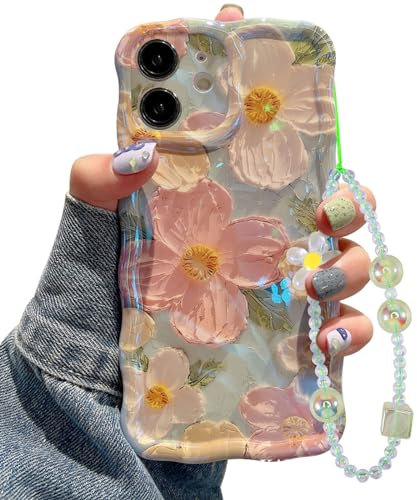 Jusy Ölgemälde Blumen Handyhülle Kompatibel mit iPhone 12 mit Band, Bunte Retro-Blume, Niedlicher Lockiger Wellenrahmen, Damen und Mädchen Schutzhülle (Grün)