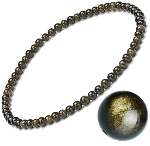EUMENIDES Women's Natural Stone Bracelet, 7.45IN(19cm), 4/6MM,Tourmaline, Obsidian, Agate, Crystal, (Gold Obsidian,4MM)